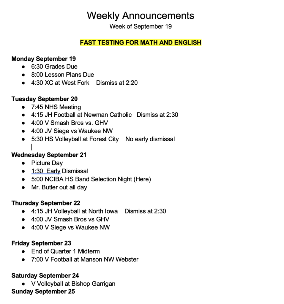 Weekly Announcements / September 19